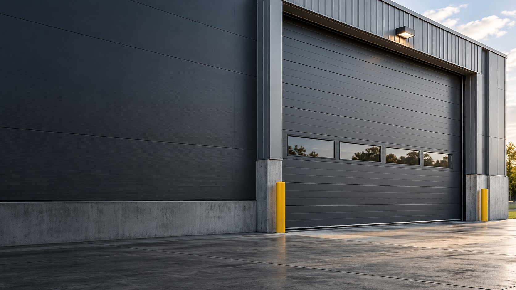 Modern commercial sectional overhead door at an industrial property